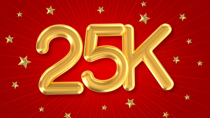 3d golden 25K with star and red background. 3d illustration.