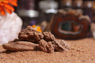 Desert Rose Rocks From Oklahoma on Red Sand. Meditation Table Close up