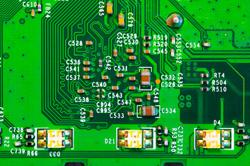 Close up of components and microchips on PC circuit board.