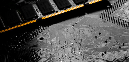 Macro Close up of computer RAM chip and motherboard