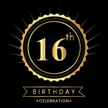 Happy 16th birthday with gold badges isolated on black background.  Premium design for poster, banner, birthday card, greeting card, birthday celebrations, invitation card, congratulations.