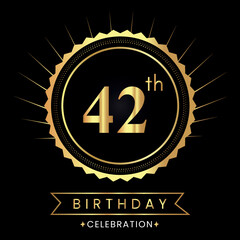 Happy 42th birthday with gold badges isolated on black background.  Premium design for poster, banner, birthday card, greeting card, birthday celebrations, invitation card, congratulations.