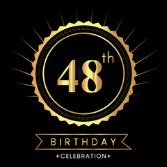 Naklejka premium Happy 48th birthday with gold badges isolated on black background. Premium design for poster, banner, birthday card, greeting card, birthday celebrations, invitation card, congratulations.
