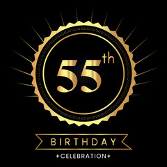 Fototapeta premium Happy 55th birthday with gold badges isolated on black background. Premium design for poster, banner, birthday card, greeting card, birthday celebrations, invitation card, congratulations.