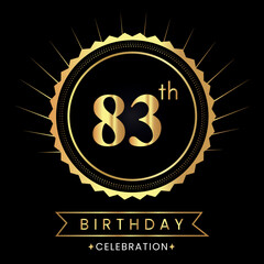 Fototapeta premium Happy 83th birthday with gold badges isolated on black background. Premium design for poster, banner, birthday card, greeting card, birthday celebrations, invitation card, congratulations.