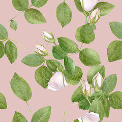 Hand drawn watercolor seamless pattern with pink rose flowers.