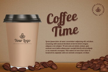 coffee time ads background template retro style with realistic coffee take away and coffee beans on the wooden table 3d