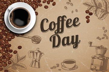 Black coffee ads with retro style illustration realistic 3D in top view with brown and doodle coffee ornament background.