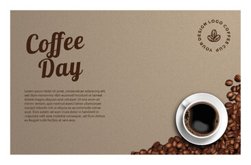 black coffee brown background paper texture style and icon coffee cup 3d realistic illustration.