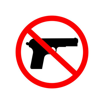 No Guns Sign or No Guns Symbol Vector On White Background. Prohibiting sign for gun. No gun sign. Vector illustration. Black gun in a red crossed circle on a white background.
