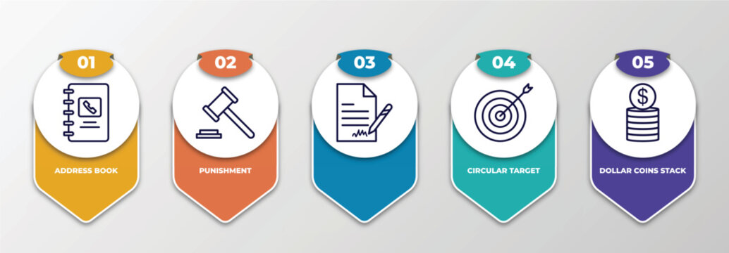 Infographic Template With Thin Line Icons. Infographic For Business Concept. Included Address Book, Punishment, , Circular Target, Dollar Coins Stack Editable Vector.