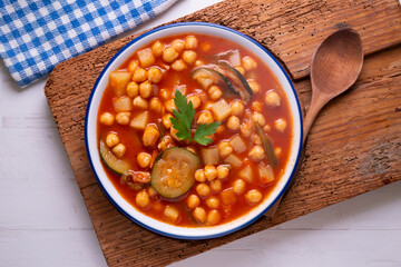 Chickpea stew with vegetables. Typical Spanish vegan recipe.
