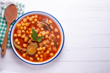 Chickpea stew with vegetables. Typical Spanish vegan recipe.