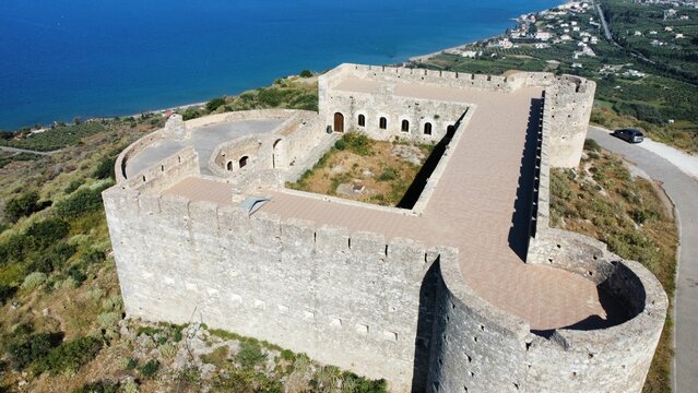 Aerial shot of the Turkish medieval fortress at Ancient Aptera in Chania, Crete, Greece