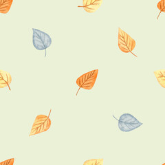 Watercolor pattern seamless with cute simple autumn leaves. Chaldren tiny background. Pastel colors
