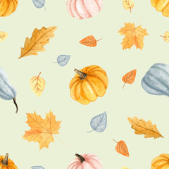 Watercolor seamless pattern with pumpkin,autumn flowers and leaves. Hello fall. Happy autumn