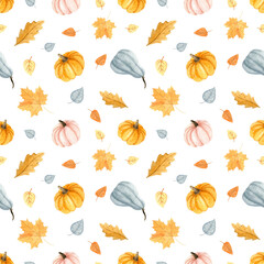 Watercolor seamless pattern with pumpkin,autumn flowers and leaves. Hello fall. Happy autumn