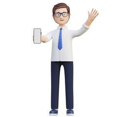 young office worker holding smart phone showing blank screen and waving hand 3d character illustration