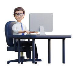 young office worker working in front of computer 3d character illustration