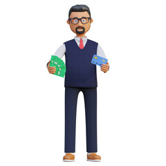 happy businessman holding money cash and credit card for payment 3d character illustration