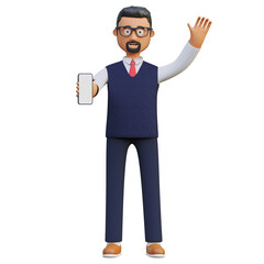 businessman holding smartphone and waving hand showing blank screen template 3d character illustration