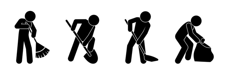 janitor icon, a man with a shovel and a broom collects garbage, a volunteer takes care of the environment, stick figure human silhouettes © north100