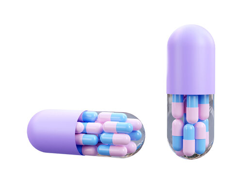 Pastel color Medicine Pills. Small pink and blue pills inside purple big tablet capsule. 3D Rendering. Pharmacy and Healthcare concept. Drugs awareness.