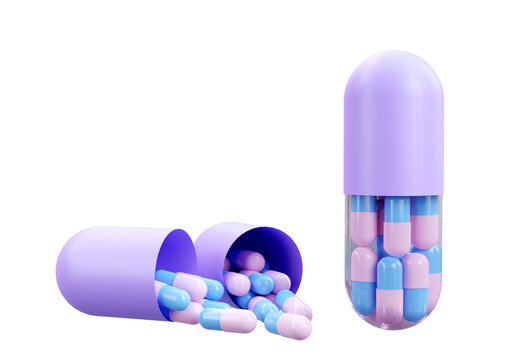Pastel color Medicine Pills. Small pink and blue pills inside purple big tablet capsule. 3D Rendering. Pharmacy and Healthcare concept. Drugs awareness.
