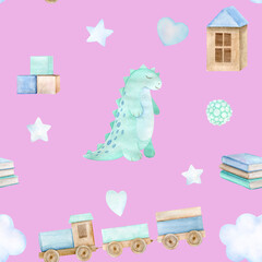 Watercolor baby seamless pattern with toy mint dinosaur, clouds and stars