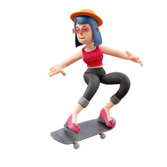 3D illustration. 3D Cute Woman character playing a skateboard. pose standing on a skateboard. showing a smiling expression. 3D Cartoon Character