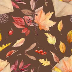 Watercolor hand drawn seamless pattern with autumn leaves, berries and letters