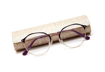 glasses for eyesight, glass. Storage case for glasses. On an isolated white background.
