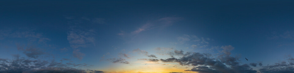 Dark blue twilight sky panorama with Cumulus clouds. Seamless hdr 360 panorama in spherical...