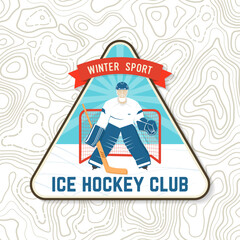 Hockey club logo, badge embroidered patch. Concept for shirt or logo, print, stamp or tee. Winter sport. Vector illustration. Hockey goalkeeper, goaltender protects the gate.