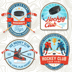 Ice Hockey club logo, badge embroidered patch. Concept for shirt or logo, print, stamp or tee. Winter sport. Vintage typography design with player, sticker, puck and skates silhouette. Vector.