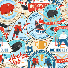 Ice Hockey colorful seamless pattern. Concept for shirt or logo, print, stamp or tee. Winter sport. Background, wallpaper, seamless pattern with player, sticker, puck and skates silhouette. Vector.