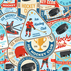 Ice Hockey colorful seamless pattern. Concept for shirt or logo, print, stamp or tee. Winter sport. Background, wallpaper, seamless pattern with player, sticker, puck and skates silhouette. Vector.
