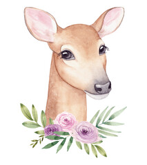 Hand drawn watercolor portrait of a deer with a bouquet of flowers