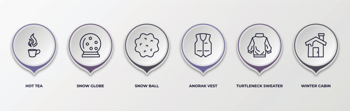 infographic template with outline icons. infographic for winter concept. included hot tea, snow globe, snow ball, anorak vest, turtleneck sweater, winter cabin editable vector.