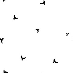Seamless abstract pattern with black flying birds on white background.