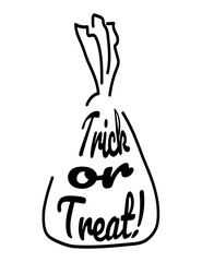 Trick or treat candy Halloween celebration card. Black outline chocolate candy with traditional text isolated on white background. Vector illustration in simple doodle style