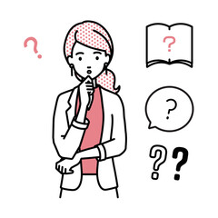 立って手をあごにあてて疑問を感じているジャケットの女性 クエスチョンマークのセット