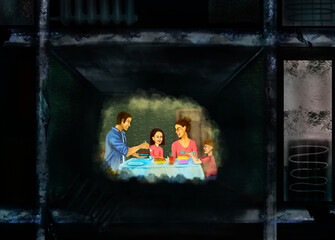 Obraz na płótnie Canvas A family eats food in a destroyed house