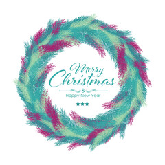 Green Christmas wreath wheel, circle frame isolated on background.