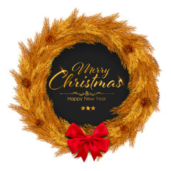 Gold Christmas wreath wheel, circle frame isolated on background.