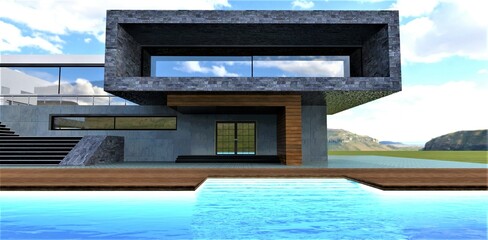 The steps of the stairs are visible below the surface of the water in the pool of an advanced technological villa for self-respecting people. 3d render.