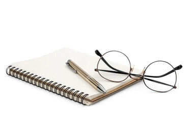 Notepad with pen and glasses on a white background.