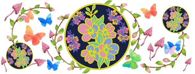 Flowers  with butterflies design. Watercolour wallpaper, ornaments. Seamless pattern.