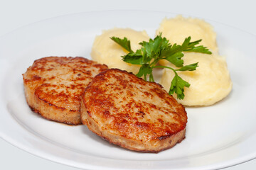two cutlets with mashed potatoes on a white plate