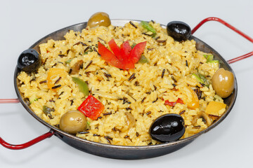 real paella with olives and bell pepper